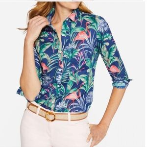J. McLaughlin Flamingo Palm Floral Hawaiian Tropical Button Down Shirt Top Large
